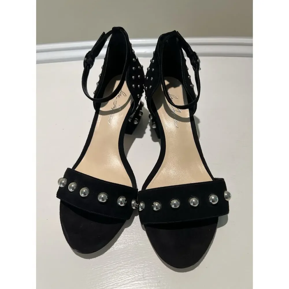 Isa Tapia Suede Black Studded Sandals Block Heels Eur Size 38.5
